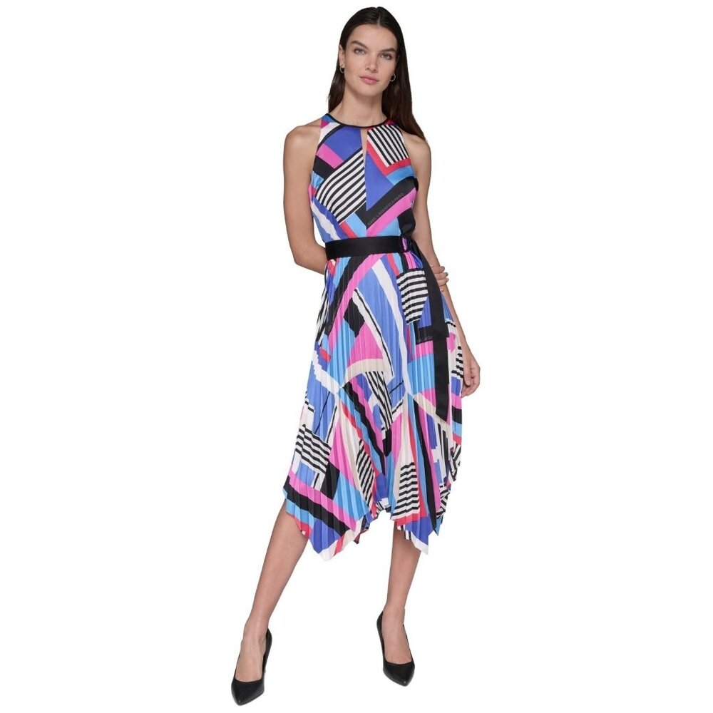 KARL LAGERFELD PARIS Printed High-Neck A-Line Dress Blue Size 12 MSRP $149